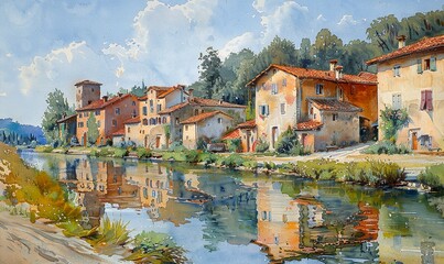 Fototapeta premium Watercolor painting of a rural village painted in pastel colors