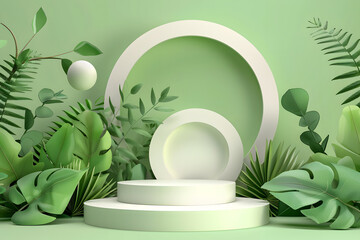 Product banner, podium platform with geometric shapes and nature background, paper illustration, and 3d paper 3D renderin. Generative Ai.