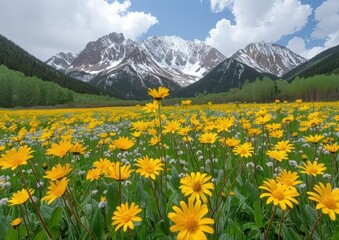 A field of yellow flowers under majestic mountains