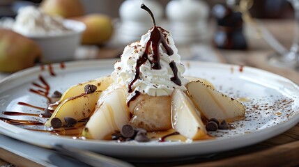 Contrasting french dessert poire belle helene of hot poached pears with cold ice cream whipped cream and chocolate syrup