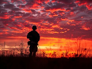 Fototapeta premium Soldier stands alone in a field of grass as the sky turns red at sunset, 4th of july holiday,Independence Day,Memorial Day
