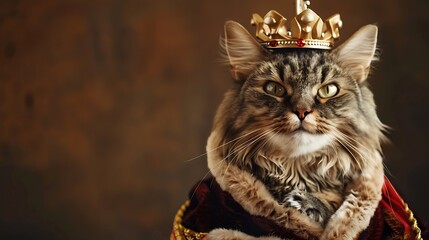 cute cat wearing king costume and crown looking majestic and royal brown background