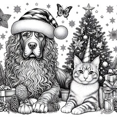 A dog and cat with a christmas tree and presents image art lively used for printing illustrator.