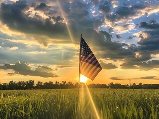 The American flag is waving in the wind in front of a beautiful sunset, 4th of july holiday,Independence Day,Memorial Day
