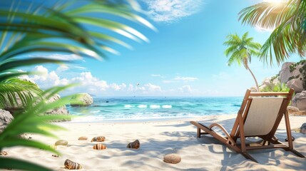 A beach scene with a chair and palm trees. Scene is relaxing and peaceful