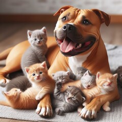 A dog lying with Many kittens image realistic lively illustrator.