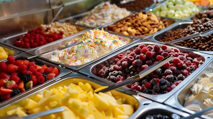 Frozen yogurt toppings bar yogurt toppings ranging from fresh fruits nuts fresh cut candies syrups and sprinkles