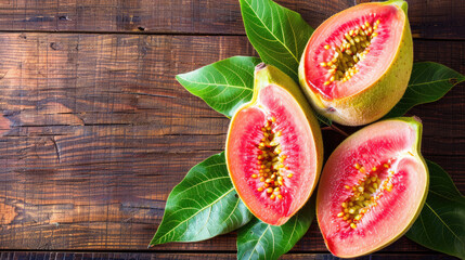 Fresh guava. Whole and cut fruit on wooden background