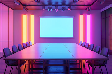 A vibrant meeting room with a whiteboard in the background, illuminated with vibrant neon colors