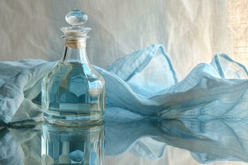 Artistic photo of a sleek perfume bottle wrapped in soft, sheer blue fabric