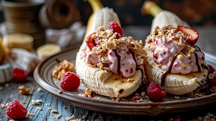 Homemade two banana split with on the rustic background selective focus pink background