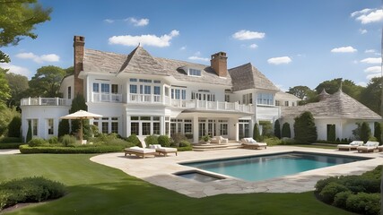 This property in the upscale Hamptons, New York, with a large garden, a private beach, and a Mediterranean style.