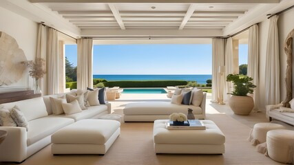 This property in the upscale Hamptons, New York, with a large garden, a private beach, and a Mediterranean style.