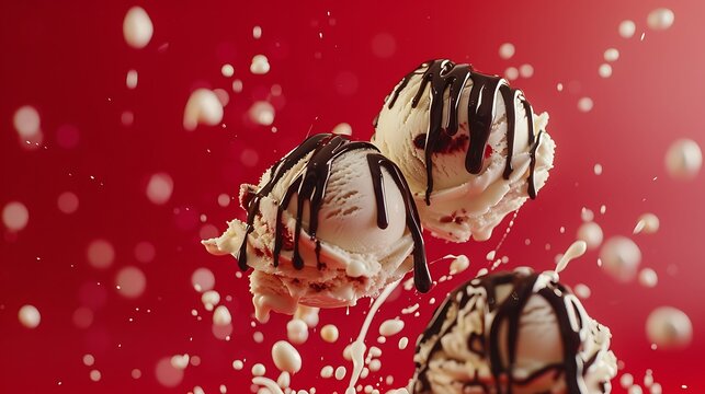 Ice cream scoops with springles and chocolate saus on red