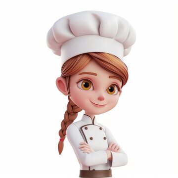 A cute female cartoon character wearing a chef hat on a white background