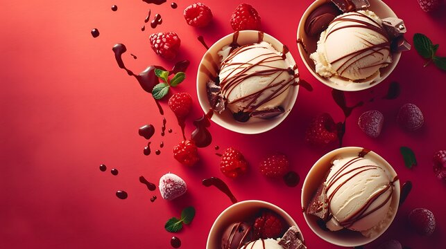 Ice cream scoops with springles and chocolate saus on red