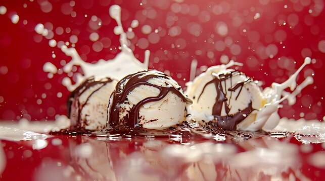 Ice cream scoops with springles and chocolate saus on red