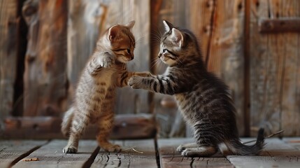 little cats are playing wooden background
