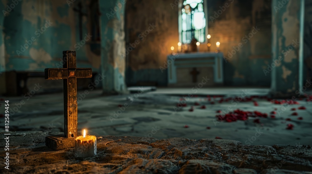 Poster copy space adorned with a cross and candlelight, creating a sacred atmosphere