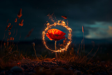 Nighttime depiction of a poppy surrounded by a fiery ring, representing remembrance on Memorial Day.