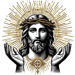 A drawing of a jesus christ with a crown of thorns image art photo harmony card design illustrator.
