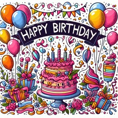 A colorful birthday card with a cake and balloons art harmony card design illustrator illustrator.