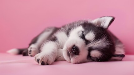 Fototapeta premium newborn siberian husky puppy pink background