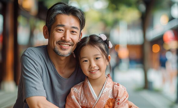 七五三の着物姿の娘とパパの笑顔。Smiling daughter and father wearing Shichi-Go-San kimonos.　Generative AI