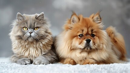 persian cat and chow chow silver background