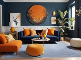 The stylish scene at living room interior with design sofa, wooden coffee table, commode and elegant personal accessories.