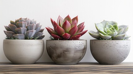 Modern painted geometric concrete planters with colourful succulent plants and cactus on wood shelf isolated on white background with copy space, top view, Cement pots, cubic shape - Powered by Adobe