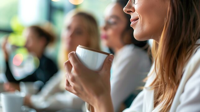 Close-up of a young businesswoman having coffee with her colleagues in the background.