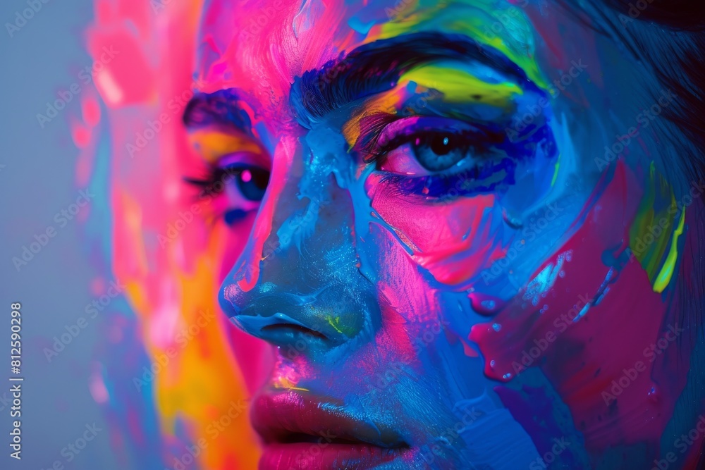 Poster an artistic blend of fluid neon colors merging into each other on a dark background, suggesting move
