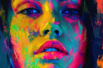 A digital painting showcasing a woman's face with explosive vibrant colors
