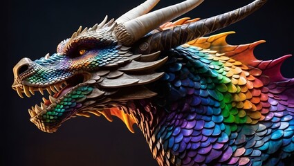 realistic digital glistening technicolour dragon with rainbow hues against a stark black...