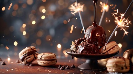 Spoon drizzling chocolate sauce on chocolate ice cream sundae dessert styled with macarons and fun...