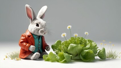 a beautiful bunny in a jacket eating lettuce meadow with grass and tiny flowers isolated gray background