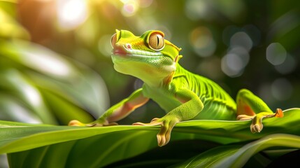 Fototapeta premium Professional photo with best angle: A green gecko perched on a vibrant tropical leaf, its emerald scales shimmering in the sunlight