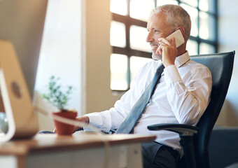 Fototapeta premium Mature businessman, CEO and happy with phone call in office with communication for financial deal and negotiation. Executive, employer or smartphone with networking, investor feedback or b2b planning