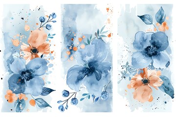 Blue flower watercolor art triptych wall art vector Abstract art background with sweet orange and pink Floral Bouquets - obrazy, fototapety, plakaty