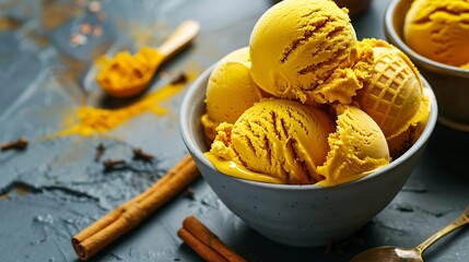 Trendy food and drink organic vegan dessert golden colored cinnamon turmeric ice cream