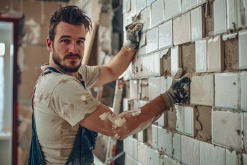 A man in white shirt and blue overalls working on plastering a brick wall. Suitable for construction and renovation projects