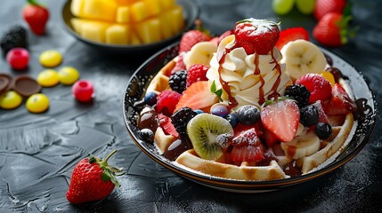 vanilla ice cream bubble waffle with fruit and sweetsvanilla ice cream bubble waffle with candy