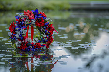Reflective ribbons enhance a Memorial Day wreath at a serene pond's edge.