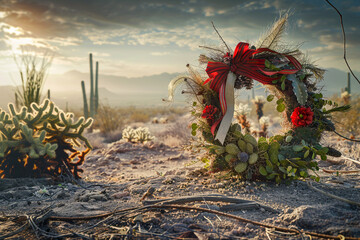 Desert scene with a Memorial Day wreath, rustic ribbons, and a cactus background.
