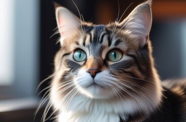 Fototapeta premium Portrait cat, close-up cat, green eyes cat, striped cat, fluffy cat, moustache cat, graceful cat, curious cat, pet, cute cat, gorgeous cat, warm tones cat, cozy cat, charming cat, elegant cat, clear f