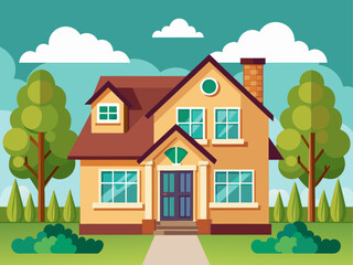 Suburban house cartoon vector illustration. Summer cottage, country house flat color object. Real estate facade, townhouse front view. Two story building, villa