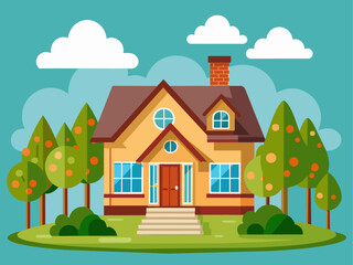 Naklejka premium Suburban house cartoon vector illustration. Summer cottage, country house flat color object. Real estate facade, townhouse front view. Two story building, villa