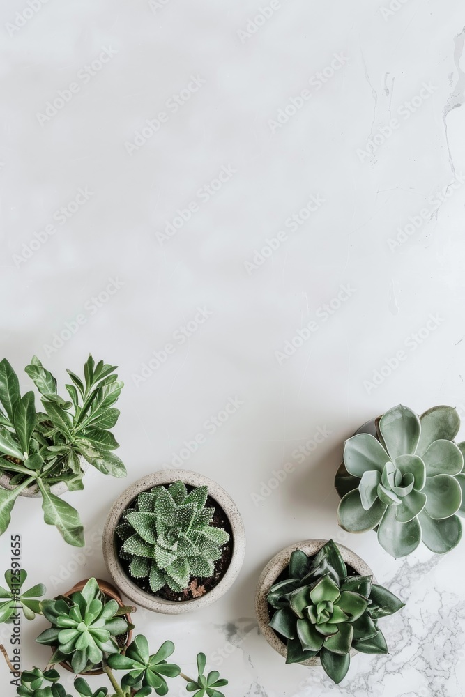 Poster a top-down view of succulent plants in pots arranged on a marble textured background