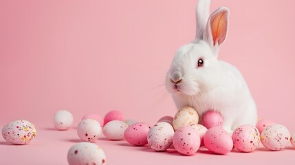 White rabbit watching over bunch of chocolate eggs on pink background easter holiday concept - Powered by Adobe